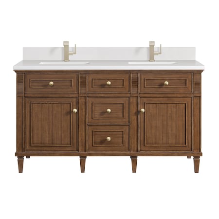 James Martin Vanities 60'' Double Vanity, Mid-Century Walnut w/ Single Hole 3 CM White Zeus Quartz Top & Backsplash 424-V60D-WLT-1WZ